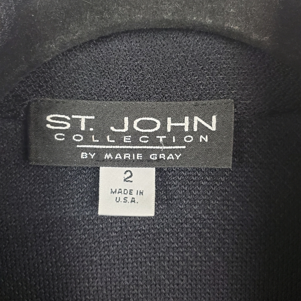 St. John Collection Womens Size 2 Vintage Black Santana Knit Leather Trim Jacket - Picture 11 of 11
